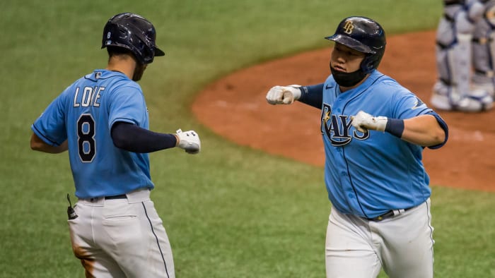 Rays' Ji-Man Choi crosses the plate after hitting a home run